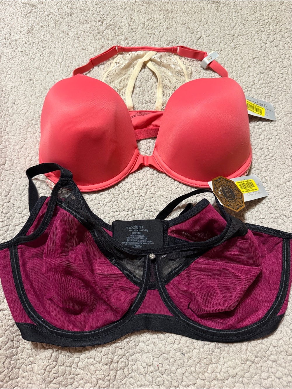 Women's Coral T-Shirt Bra & Berry Mesh Underwire Bra Set